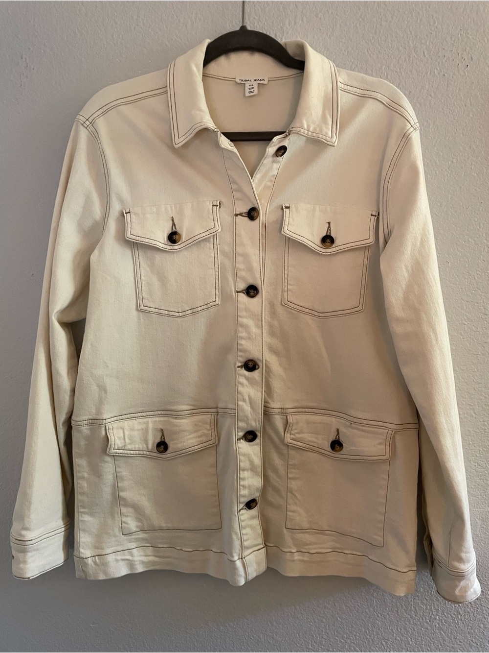 Tribal Jeans Cream Button-Front Jean Jacket with Patch Pockets